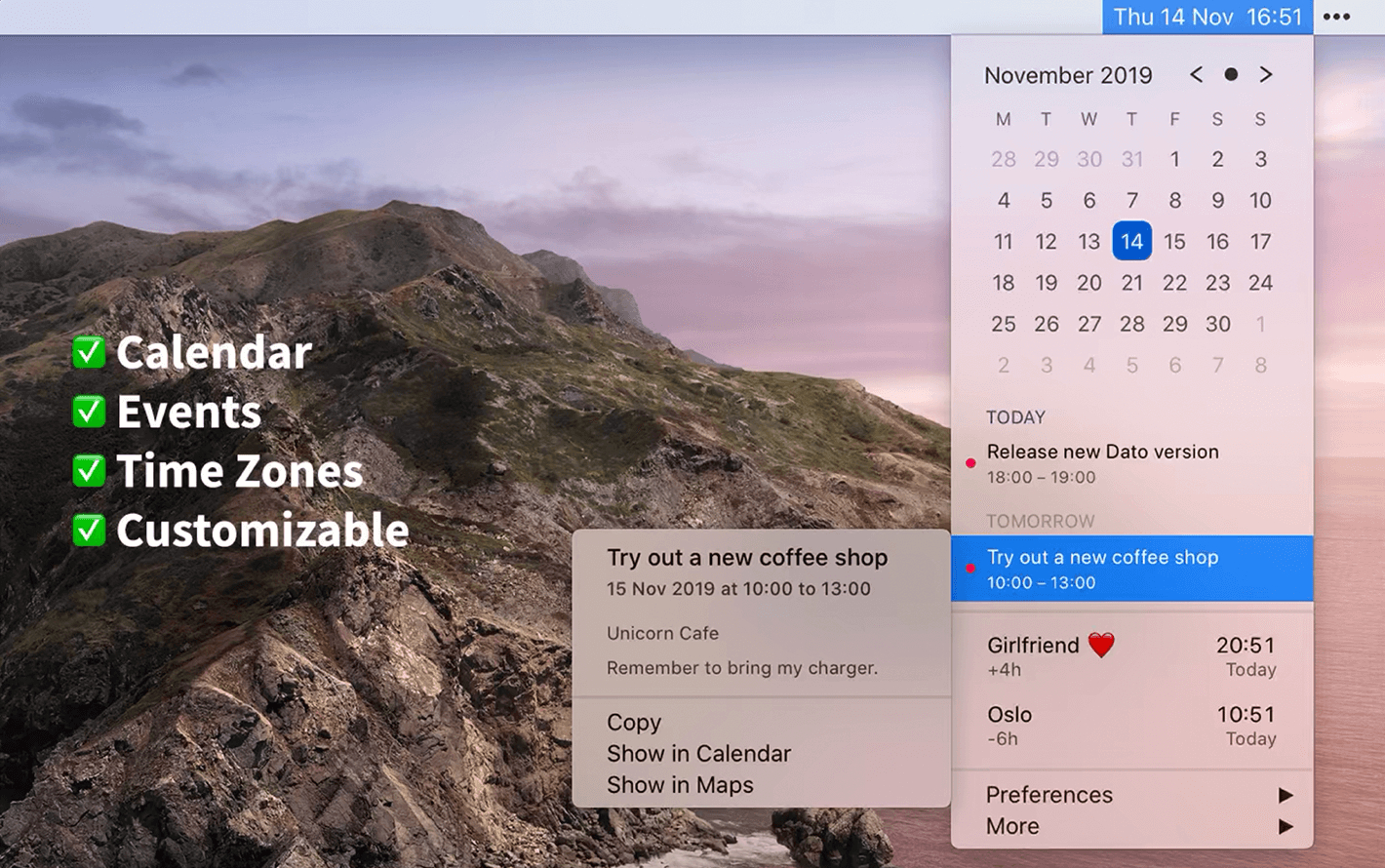 Dato For Mac菜单栏时钟工具破解版 V1.13.0插图 Dato For Mac菜单栏时钟工具破解版 V1.13.0